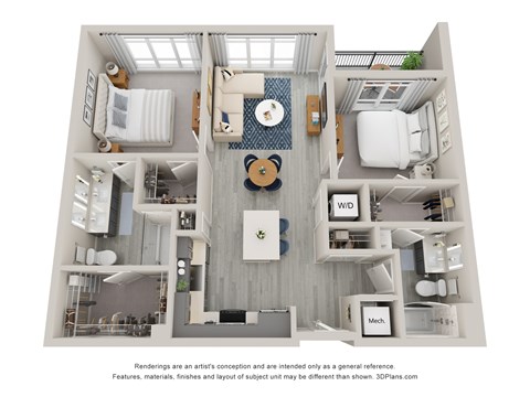 Floor plan for 2 beds, 2 baths, 1022 sqft